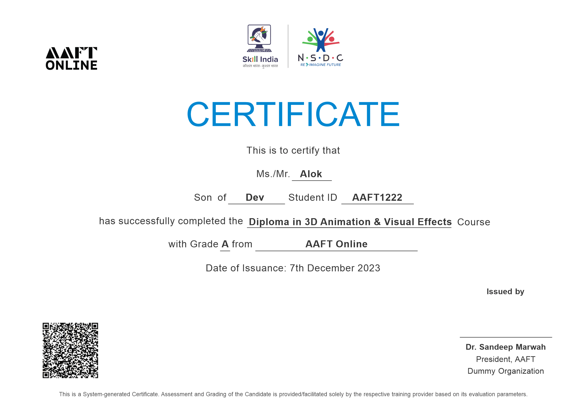 NSDC certificate for advertising pr and corporate communication
